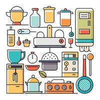 kitchen appliances and utensils in a flat line style white background vector
