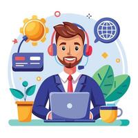 a man in a suit is working on a laptop with headphones white background vector