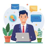businessman working on laptop with chat bubbles and other white background icons vector