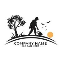 a man watering the grass with a watering can and a tree white background vector