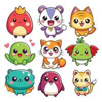 kawaii cute animal characters set white background vector