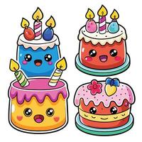 four different birthday cakes with candles white background vector