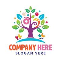 colorful tree logo design with colorful leaves and birds vector