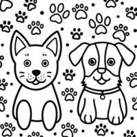 a dog and cat coloring page with paw prints white background vector