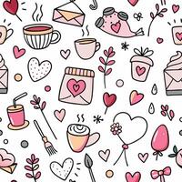 a seamless pattern with hearts, coffee and other items white background vector