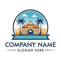 a beach house logo with palm trees and a beach vector