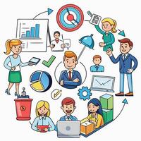 business people in a circle with various icons vector