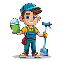 cartoon boy with a broom and mop vector