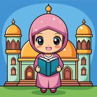 cartoon muslim girl reading book in front of mosque vector