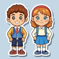 sticker of boy and girl in school uniform, vector