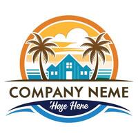 a logo for a company name with palm trees and a house vector
