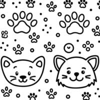 a set of black and white cat and dog faces and paw prints vector