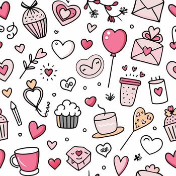 seamless pattern with hearts and cupcakes white background, vector