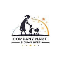 mother and child with stroller logo template vector
