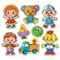 set of stickers with cartoon characters white background, vector