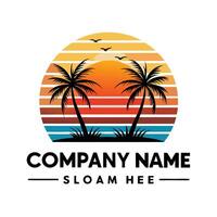 retro palm trees and sunset logo design vector