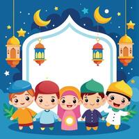 cartoon children with a frame and lanterns vector