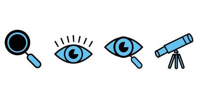 This image features three simple, stylized icons a magnifying glass, an eye, and a telescope. vector