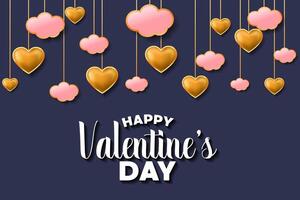 Happy Valentine's day background template with hanging pink clouds and 3d gold hearts for poster or banner on dark blue background vector