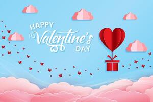 Gift boxes with heart balloon and butterfly floating it the sky, Happy Valentine's Day banner, paper art style on blue background. vector