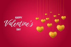 Happy Valentine's Day Cover and Website Header. Red luxury Background with gold hanging hearts, Text for Cover, Poster, banner, and Website Illustration vector