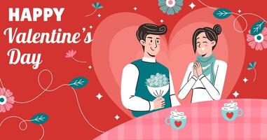 Hand drawn cartoon style couple characters sitting and drinking coffee together at the table. People talking each other. Love talk on the first date. Happy Valentine's Day. vector