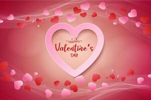 Happy Valentine's day poster or voucher. Beautiful paper cut pink heart frame and wave lines on pink background. illustration. Papercut style. Place for text vector