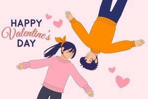 Happy valentines day a couple lying down with smile expression. Cartoon illustration background vector