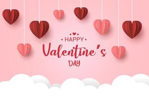 Poster or banner with pink sky and paper cut clouds. Place for text. Happy Valentine's day sale header or voucher template with hanging hearts. vector