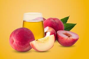 Peach fruit Peach slice and Peach juice isolated on a yellow background photo