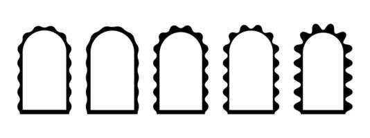 Set of arch frames with wiggly edges. Archway shapes with scallop borders. Wavy vignettes or mirrors, portals or doors, empty text boxes isolated on white background. graphic illustration vector