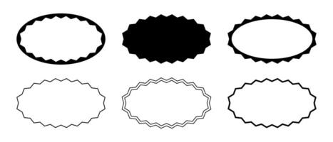 Set of different oval frames with zigzag borders. Elliptic shapes with jagged edges. Text box, sticker, tag or speech bubble templates isolated on white background. graphic illustration vector