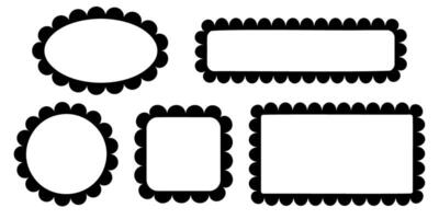 Set of round, square, rectangle and oval frames with scallop borders. Tags, labels, text boxes or stickers templates with wiggly edges isolated on white background. graphic illustration vector