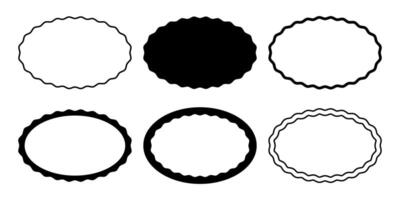 Set of oval frames with wavy edges. Ellipse shapes with undulated borders. Wiggly vignettes, mirrors, empty text boxes, tags, labels isolated on white background. graphic illustration vector