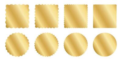 Set of gold square and circle stickers with wavy borders. Wiggly round and squared shining labels, badges, price tags, stamps, sale offers isolated on white background. illustration vector