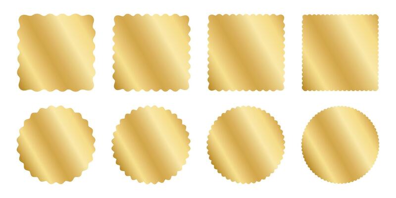 Set of gold square and circle stickers with wavy borders. Wiggly round and squared shining labels, badges, price tags, stamps, sale offers isolated on white background. illustration