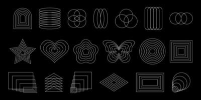 Set of abstract geometric y2k shapes. Repeating white star, butterfly, heart, circle, square, flower symbols in aesthetic postmodern style isolated on black background. graphic illustration vector
