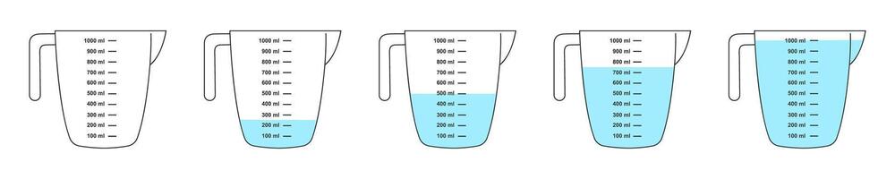 Set of empty and water filled measuring cups with 1 liter volume. Liquid containers for cooking with fluid capacity scale isolated on white background. flat illustration vector