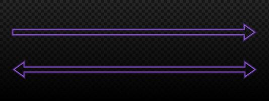 Long straight neon arrow and double arrow signs. Purple luminous direction or position sign and two sided pointer with soft blurry borders. illustration vector