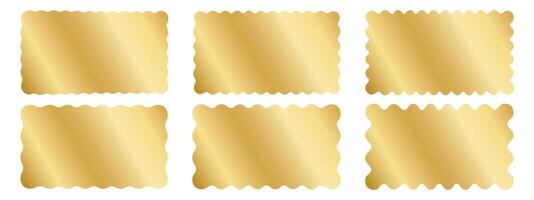 Set of gold rectangle stickers with wavy borders. Metallic undulate shapes of labels, badges, price tags, coupons, promocode tickets isolated on white background. realistic illustration vector