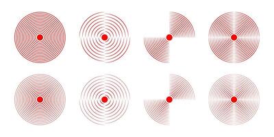 Set of red concentric circles. Pain localization icons. Sore or inflammation symbols. Pulse, shockwave or vibration sign. Soundwave, coverage, radar or sonar signal pictograms. illustration vector