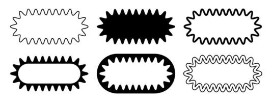 Set of different oval frames with wiggly edges. Rectangular shapes with wavy borders. Picture or mirror frames, empty text boxes, tags or labels scrapbook elements. graphic illustration vector