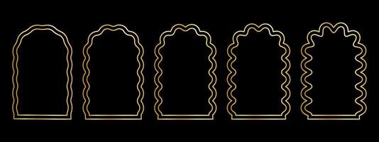Set of gold arch frames with wiggly edges. Golden archway shapes with scallop borders. Wavy vignettes or mirrors, portals or doors, empty text boxes isolated on dark background. illustration vector