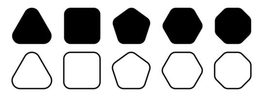 Set of geometric figures with rounded corners. Triangle, square or squircle, pentagon, hexagon and octagon shapes isolated on white background. graphic illustration vector