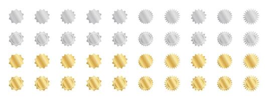Set of silver and gold round stickers with wavy borders. Shining wiggly labels, quality badges, price tags, stamps, sale offer shapes isolated on white background. illustration vector