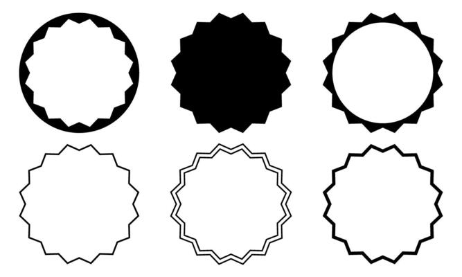 Set of round frames with wavy edges. Circle shapes with wiggly borders. Squiggly vignettes or mirrors, empty text boxes, tags or labels isolated on white background. graphic illustration