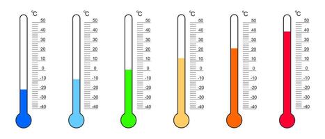 Set of thermometer readouts with Celsius degree scales and numbers from cold to heat. Meteorology measurement tools isolated on white background. flat illustration vector