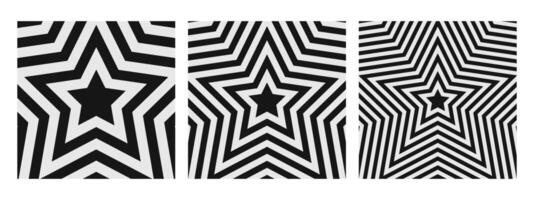 Set of repeating concentric stars backgrounds. Trendy y2k patterns in black and white colors. Trippy psychedelic wallpaper designs. Aesthetic posters with hypnotic effect. graphic illustration vector