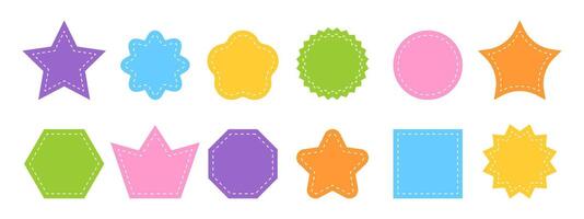 Set of different basic geometric shapes with dotted stitches. Colorful empty tags, patches, stickers, text boxes, price labels, promo code badges isolated on white background vector