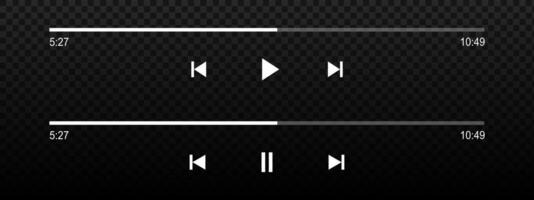 Audio or player progress loading bars with time slider, play and pause, rewind and fast forward buttons. Templates of podcast or audiobook playback panel interface. graphic illustration vector